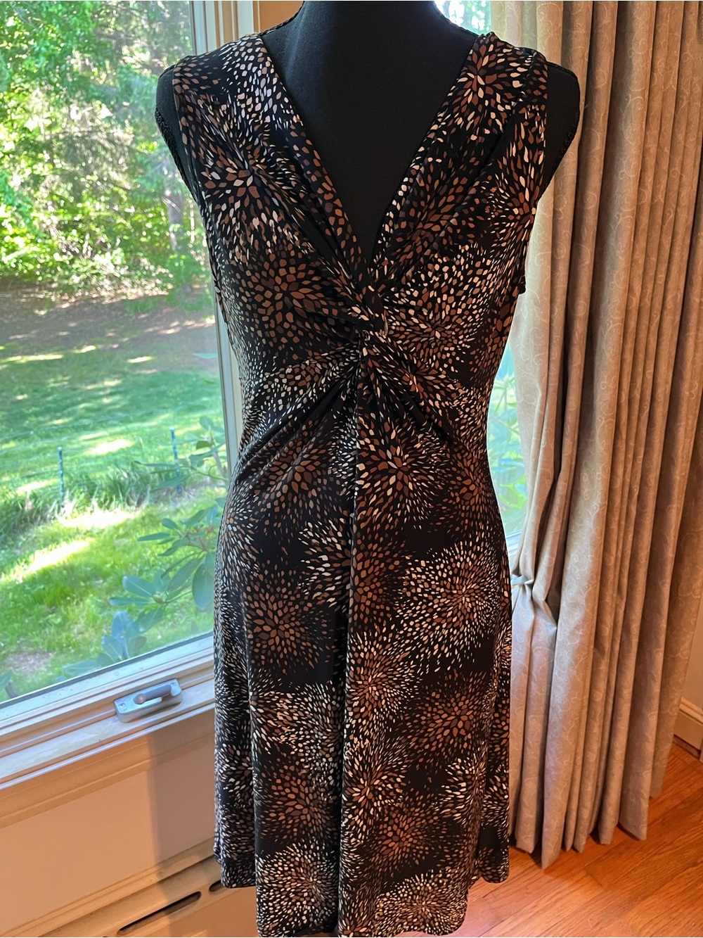 Evan Picone Gray Dress with Taupe and Cream Spot Pattern